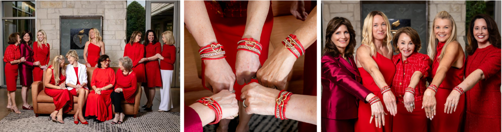 Collage of three photos of women wearing red and showing off red bracelets.